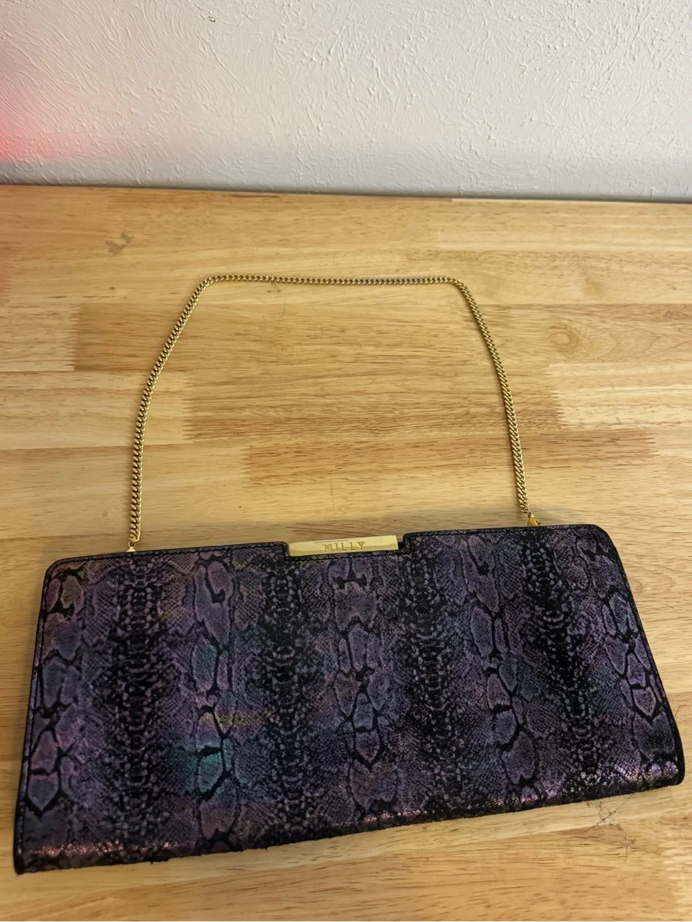 MILLY Iridescent Purple Snakeskin Leather Shoulder Clutch